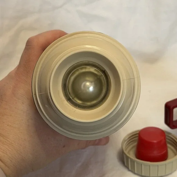 Vintage Metal 1970's Thermos Pink Metal glass w Cup Stopper 722 check plaid - Picture 6 of 9